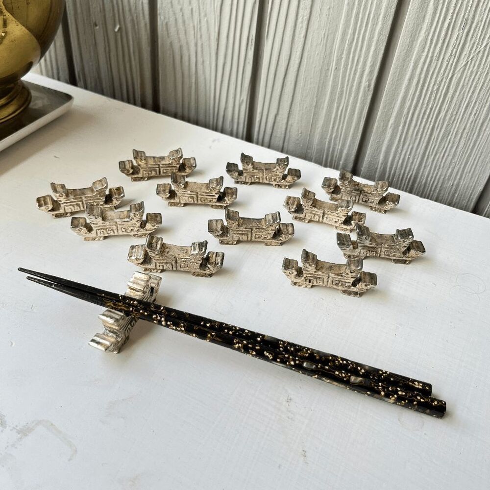 VTG 70s Solid Pewter Chopstick Rests Set of 12 – Heavy, Geometric Design